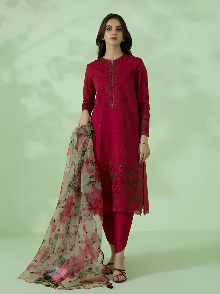 3Pc Lawn heavy embroidered summer Collection Suit with Organza Digital Dubata