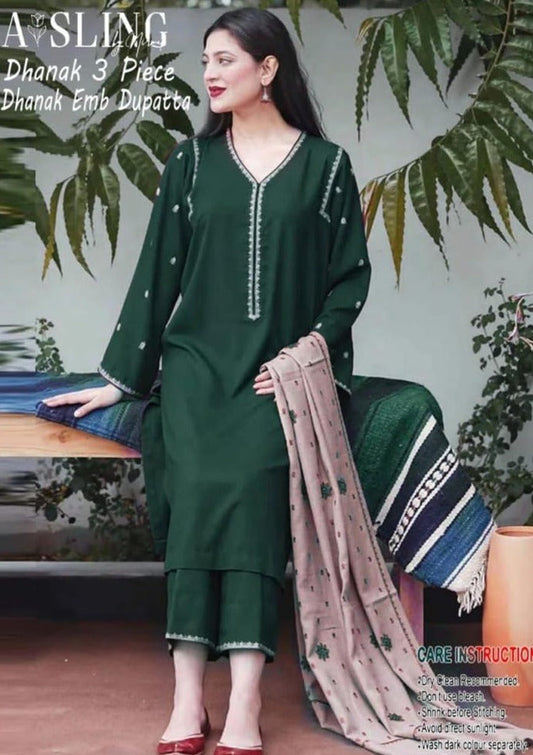 Dhanak-Embroidered 3Pc Suit With Embroidered Shawl