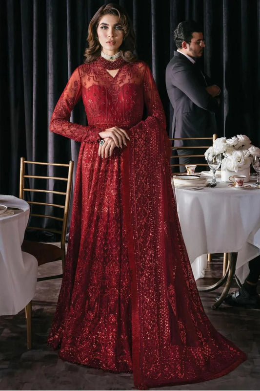 AFROZEH NET EMBROIDERY FORMAL MAXI 3PC UNSTITCHED RED