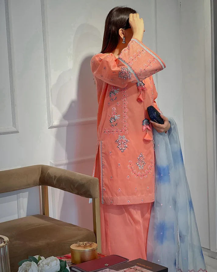 MAIRA ZUNNORAIN - 3PC LAWN EMBROIDERED SHIRT WITH ORGANZA PRINTED DUPPATA AND TROUSER MY STORE