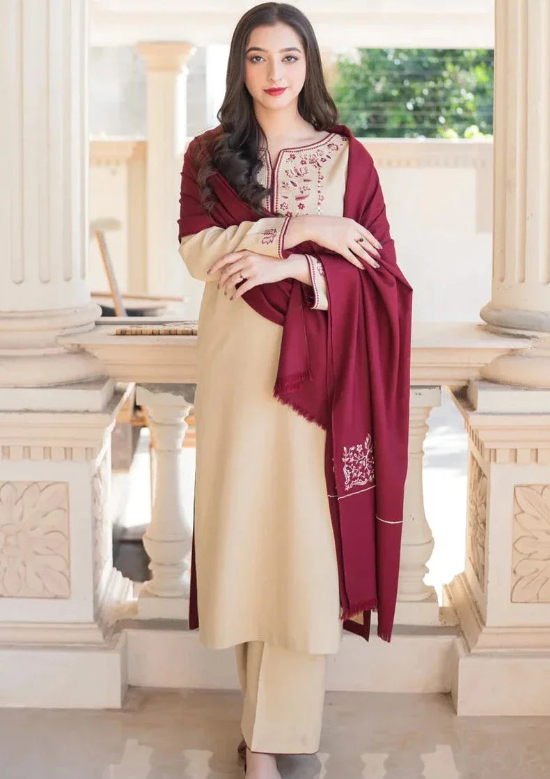 DHANAK-EMBROIDERED 3PC SUIT WITH EMBROIDERED SHAWL