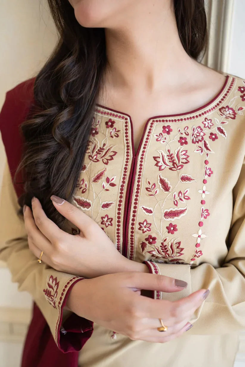 DHANAK-EMBROIDERED 3PC SUIT WITH EMBROIDERED SHAWL