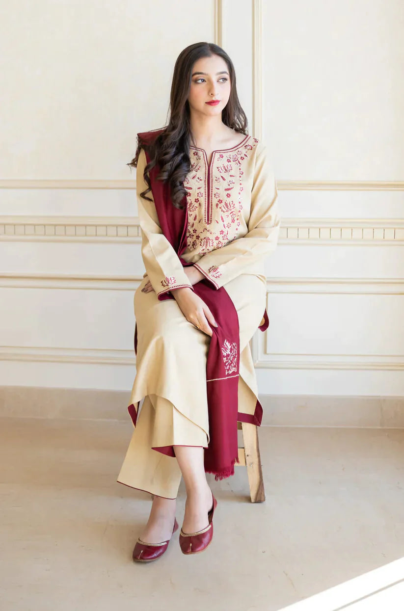 DHANAK-EMBROIDERED 3PC SUIT WITH EMBROIDERED SHAWL