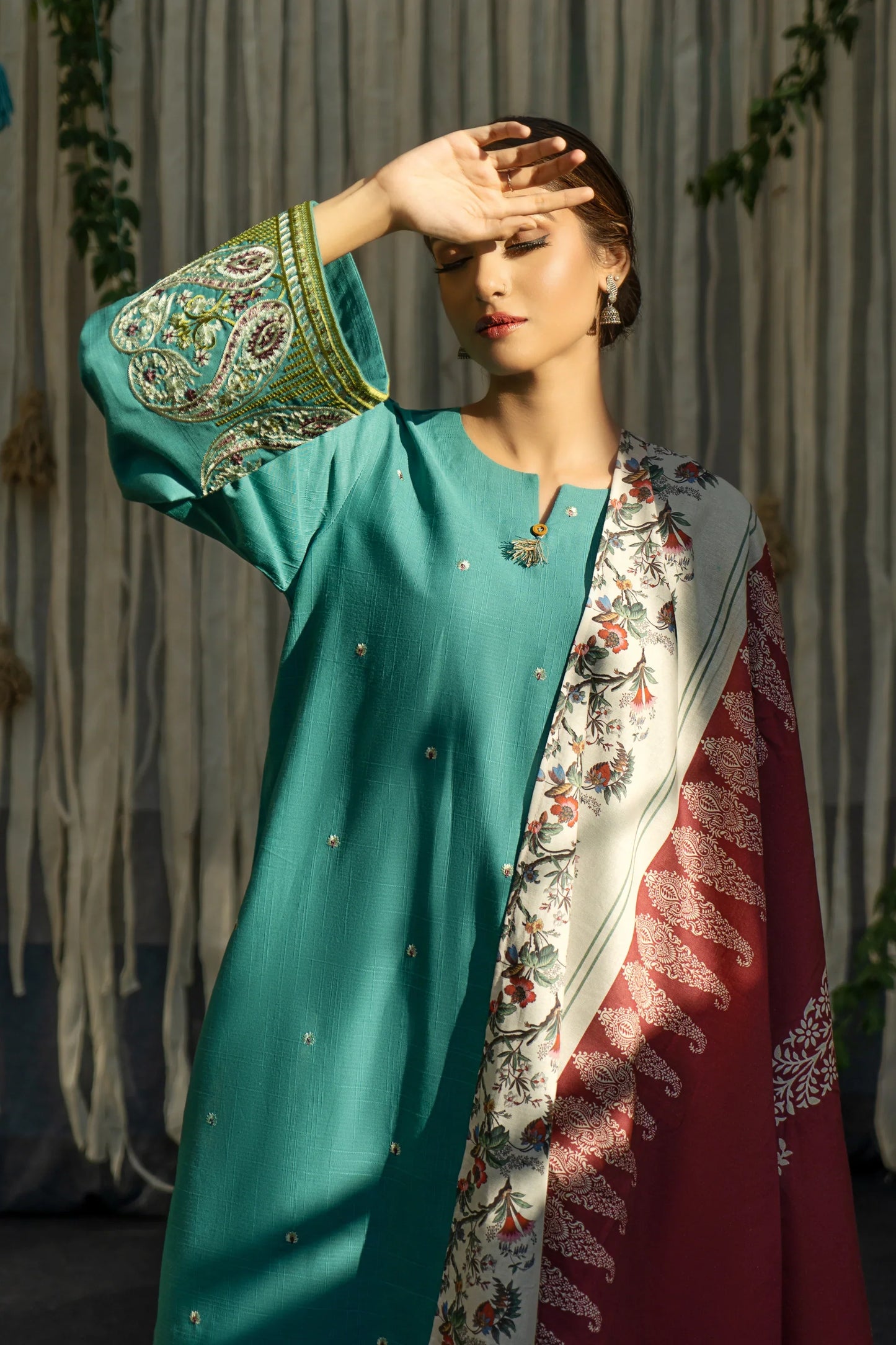 Dhanak-Urge 3PC Embroidered Shirt with Printed Wool Shawl and Embroidered Trousers- SP99