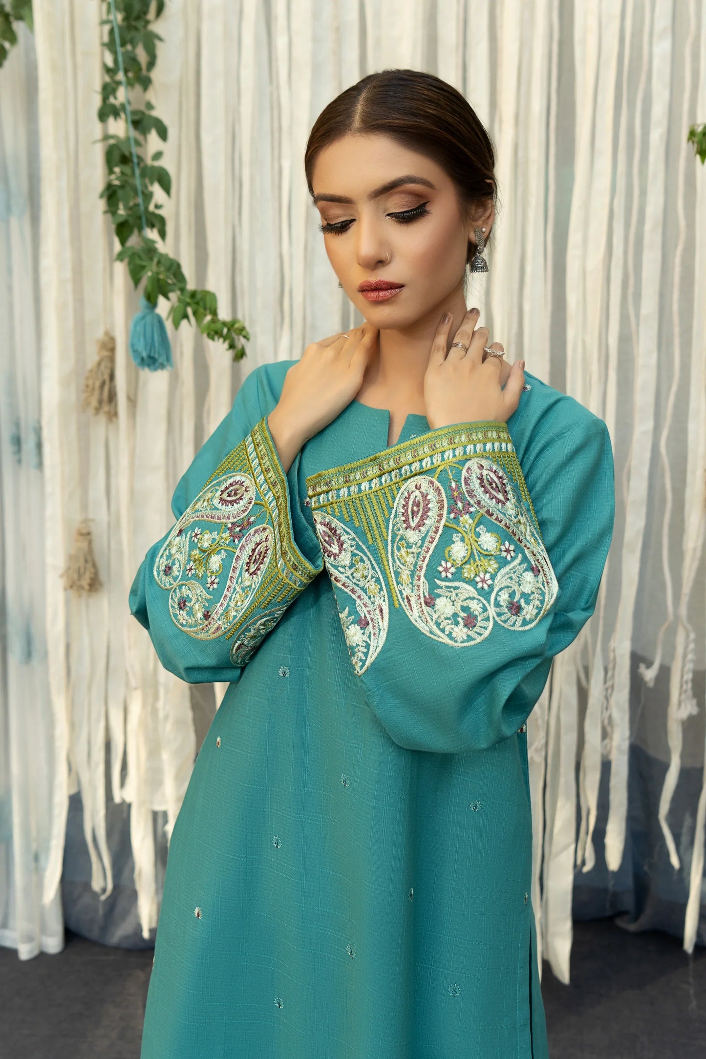 Dhanak-Urge 3PC Embroidered Shirt with Printed Wool Shawl and Embroidered Trousers- SP99