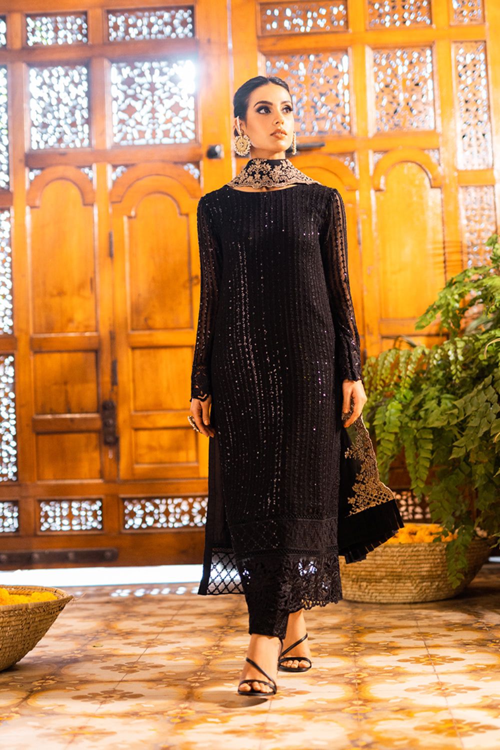 Black 3 Piece - Organza Embroidered Suit