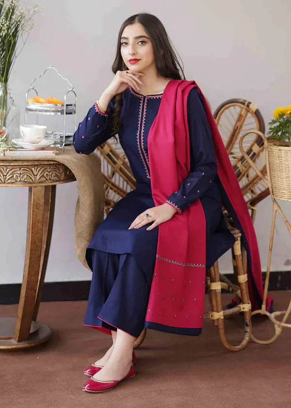 Dhanak-Embroidered 3Pc Suit With Embroidered Shawl