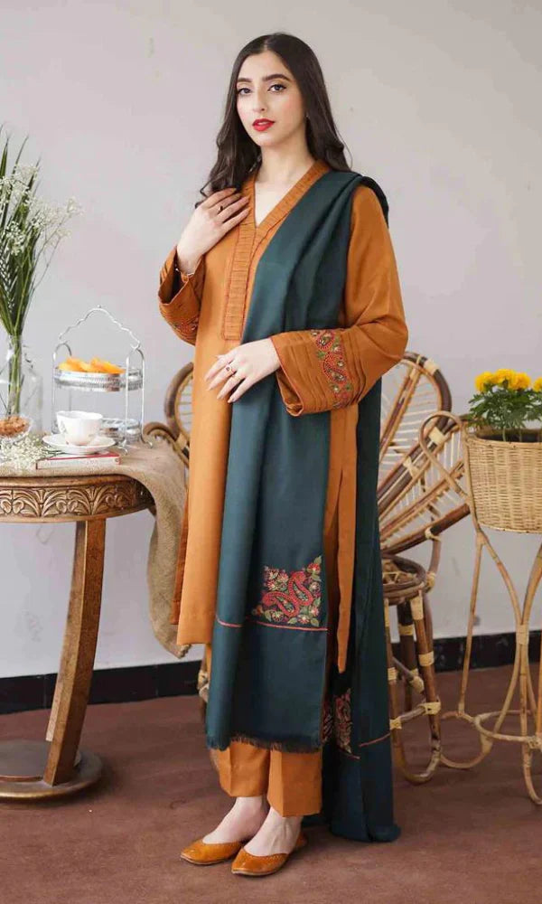 DHANAK-Embroidered 3Pc Suit With Embroidered Shawl